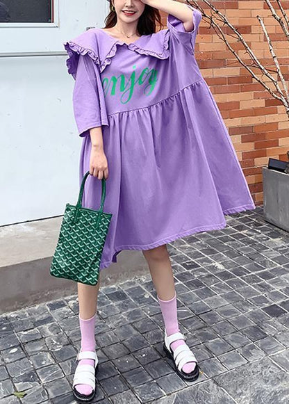 Ruffled Batwing Sleeve Dress Purple Letter Dresses