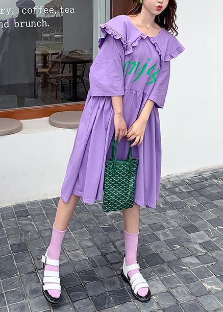 Ruffled Batwing Sleeve Dress Purple Letter Dresses