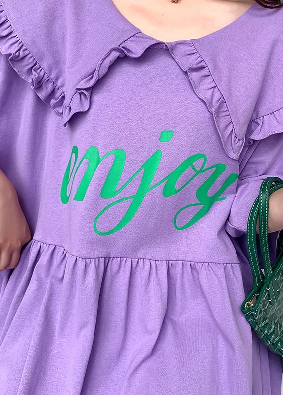 Ruffled Batwing Sleeve Dress Purple Letter Dresses