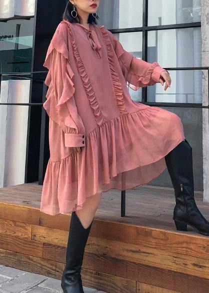 Ruffles Long Sleeve Spring Pink Dress