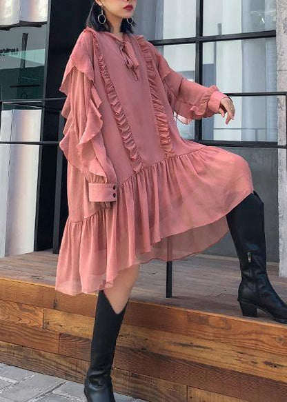 Ruffles Long Sleeve Spring Pink Dress