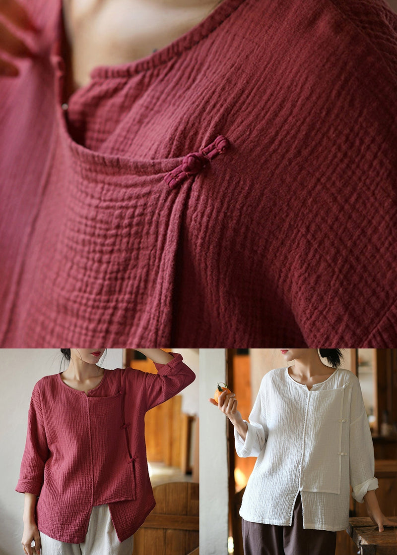 Rust Asymmetrical Button Patchwork Cotton Shirts Fall