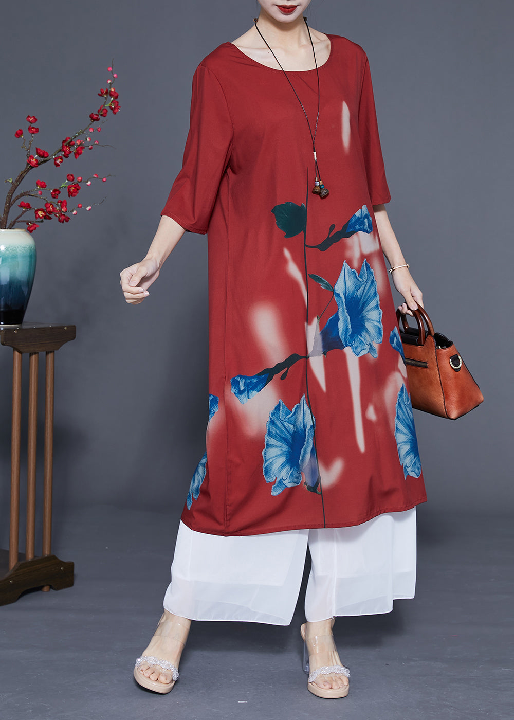 Rust O-neck Morning Glory Print Silk Robe Dresses Half Sleeve