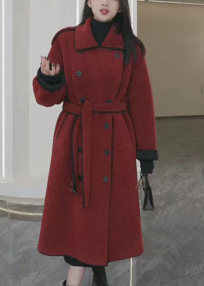 Rust Tie Waist Pockets Patchwork Thick Woolen Coats Winter