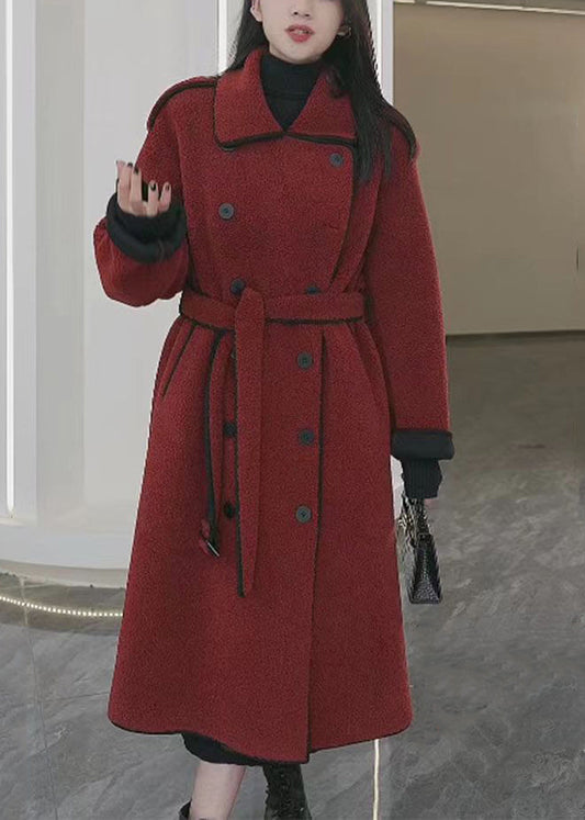 Rust Tie Waist Pockets Patchwork Thick Woolen Coats Winter