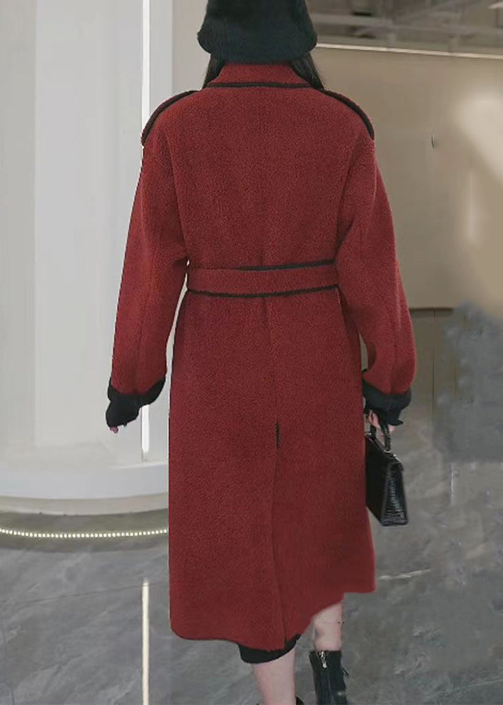 Rust Tie Waist Pockets Patchwork Thick Woolen Coats Winter