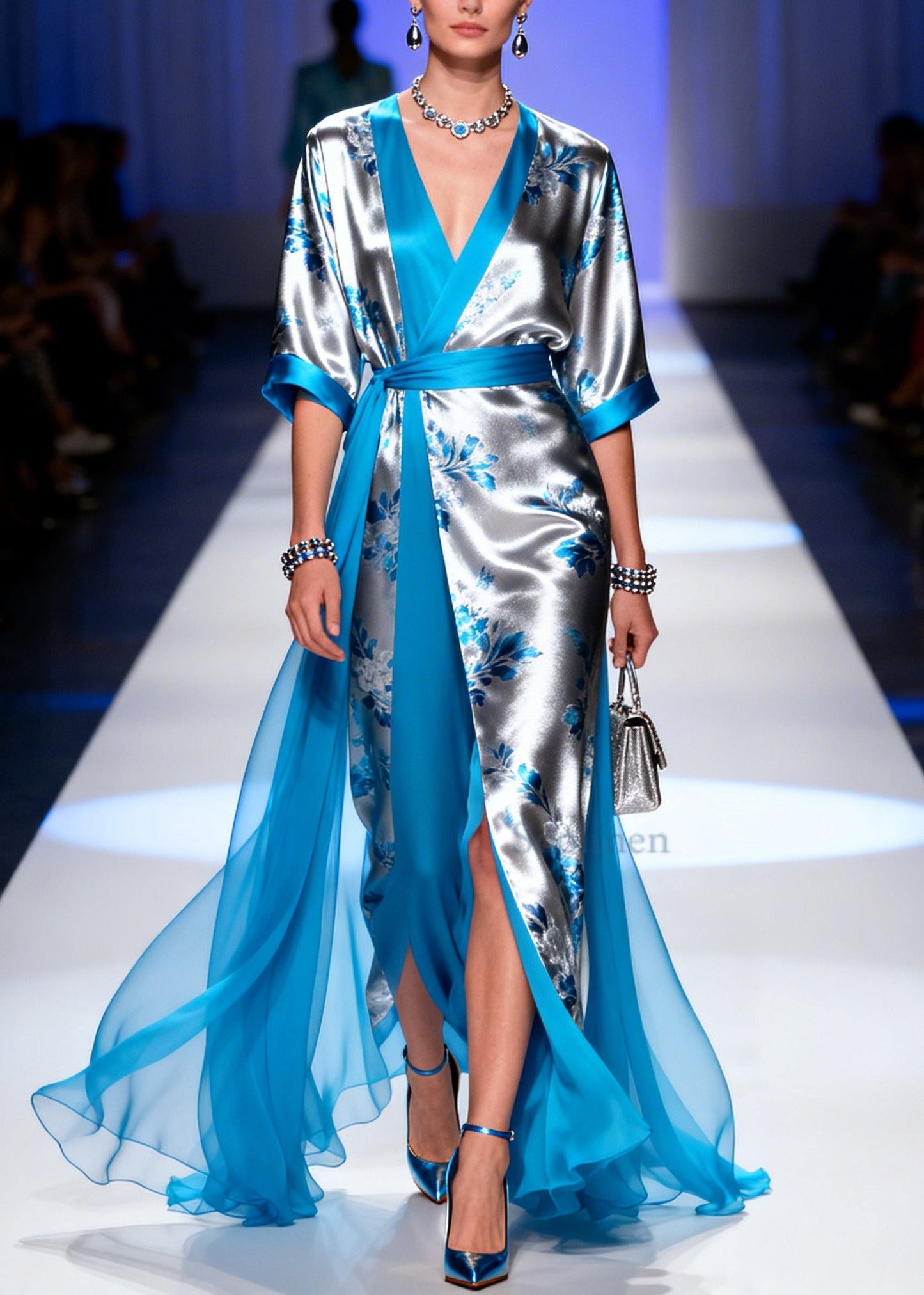 Silvery Print Tulle Patchwork Exra Large Hem Dinner Dress Summer