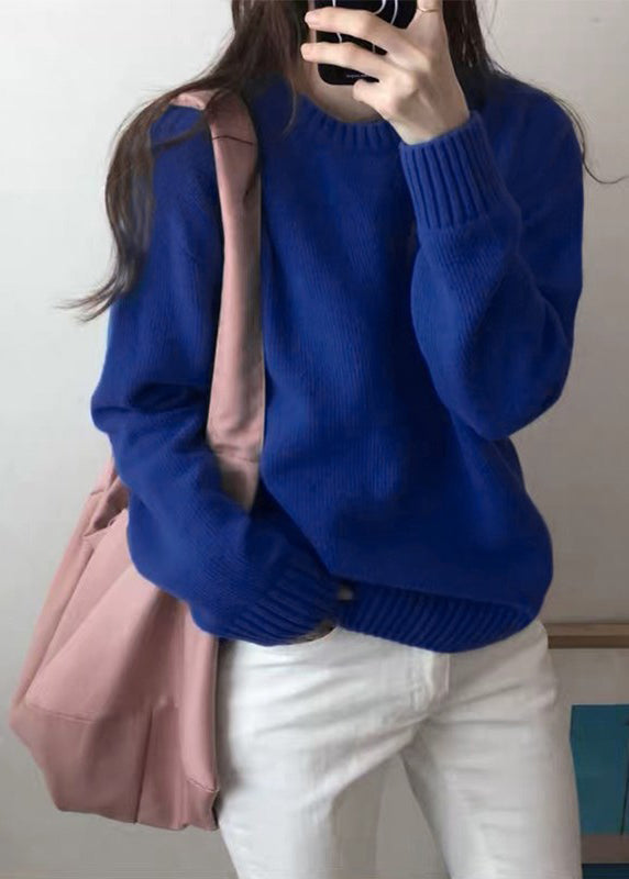 Simple Blue O Neck Knit Sweaters Spring