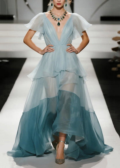 Sky Blue Exra Large Hem Patchwork Organza Evening Dresses Butterfly Sleeve