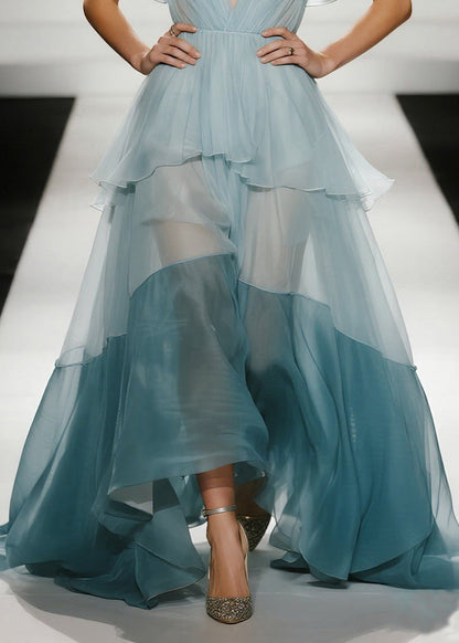 Sky Blue Exra Large Hem Patchwork Organza Evening Dresses Butterfly Sleeve
