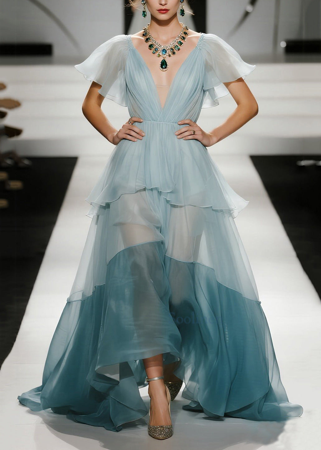 Sky Blue Exra Large Hem Patchwork Organza Evening Dresses Butterfly Sleeve