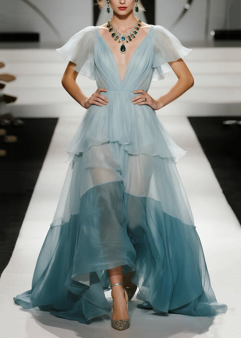 Sky Blue Exra Large Hem Patchwork Organza Evening Dresses Butterfly Sleeve