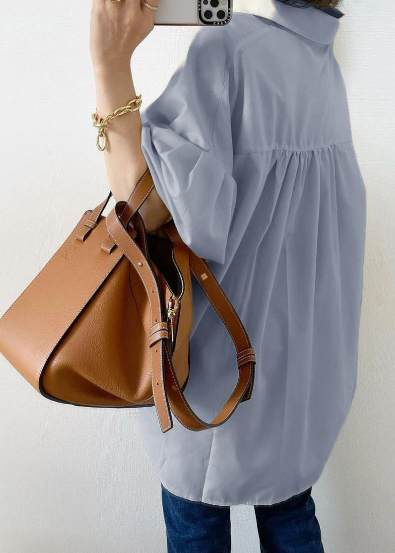 Sky Blue Oversized Cotton Shirt Top Lantern Sleeve