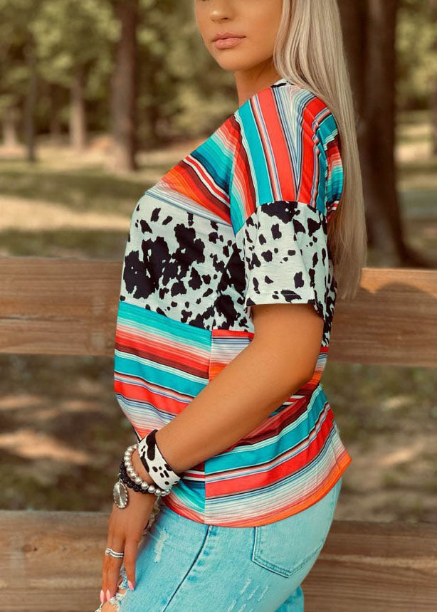 Sky Blue V Neck Patchwork Leopard Striped Print Tank Tops Short Sleeve
