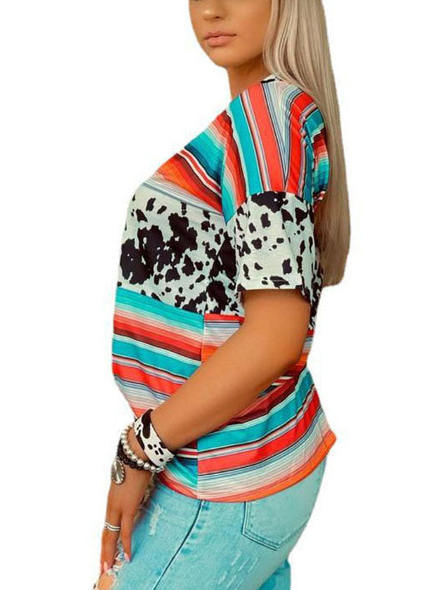 Sky Blue V Neck Patchwork Leopard Striped Print Tank Tops Short Sleeve