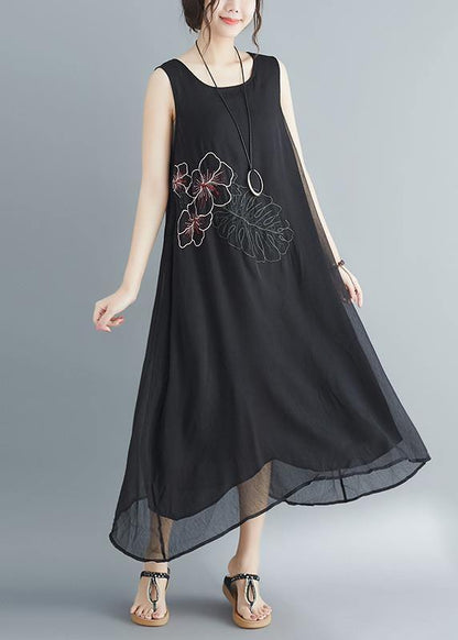 Sleeveless Embroidery Cotton Blended Dresses Runway Black Long Dress Summer
