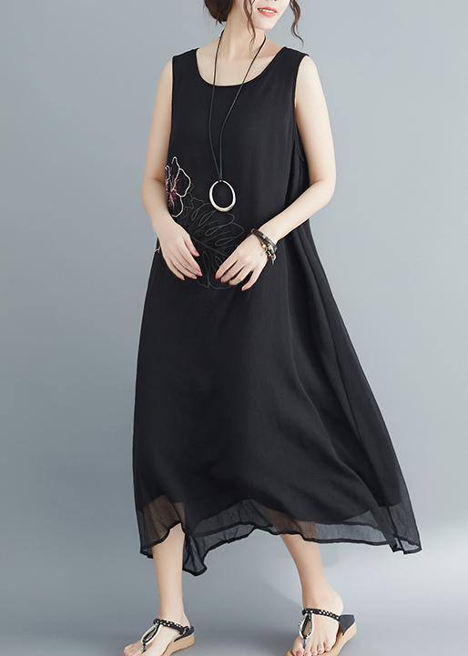 Sleeveless Embroidery Cotton Blended Dresses Runway Black Long Dress Summer