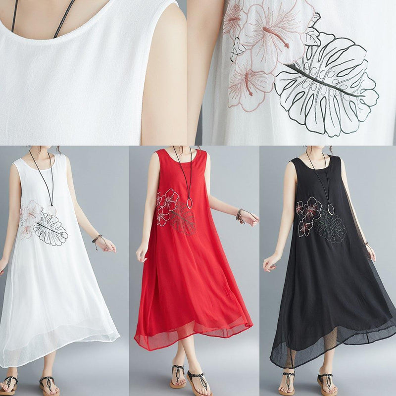 Sleeveless Embroidery Cotton Blended Dresses Runway Black Long Dress Summer