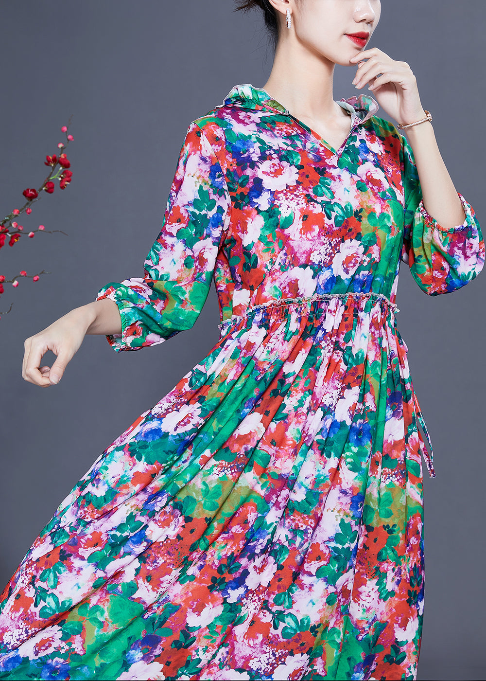 Slim Fit Hooded Ruffled Print Silk Long Dresses Summer