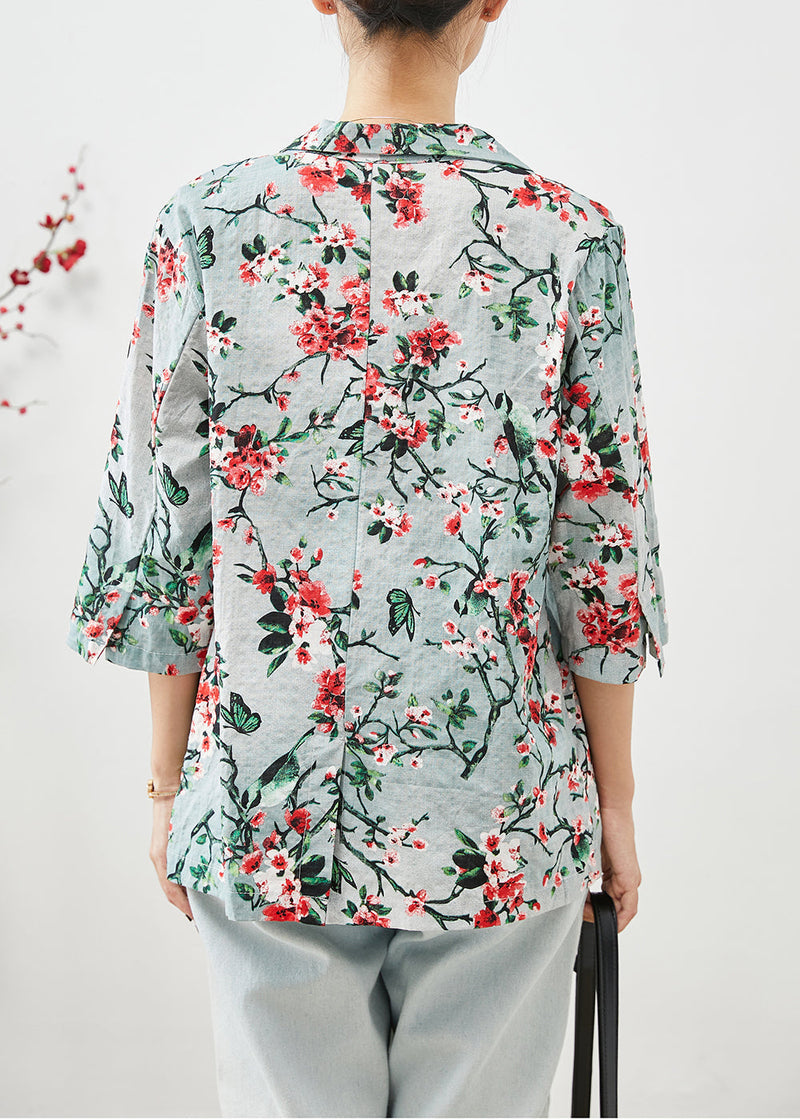 Slim Fit Plum Blossom Print Pockets Linen Coats Half Sleeve
