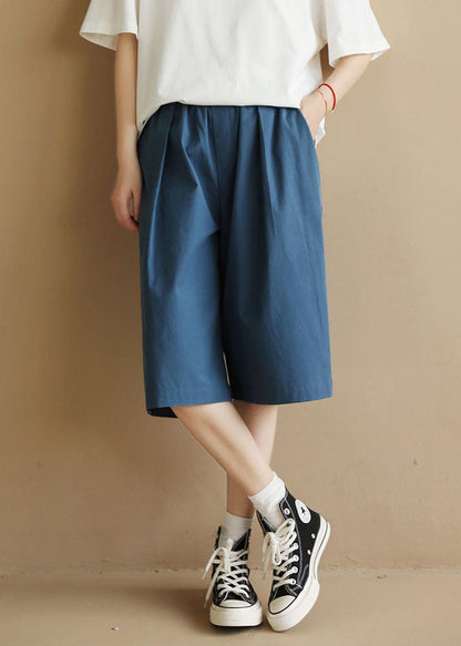 Blue Elastic Waist Pockets Cotton Shorts Summer
