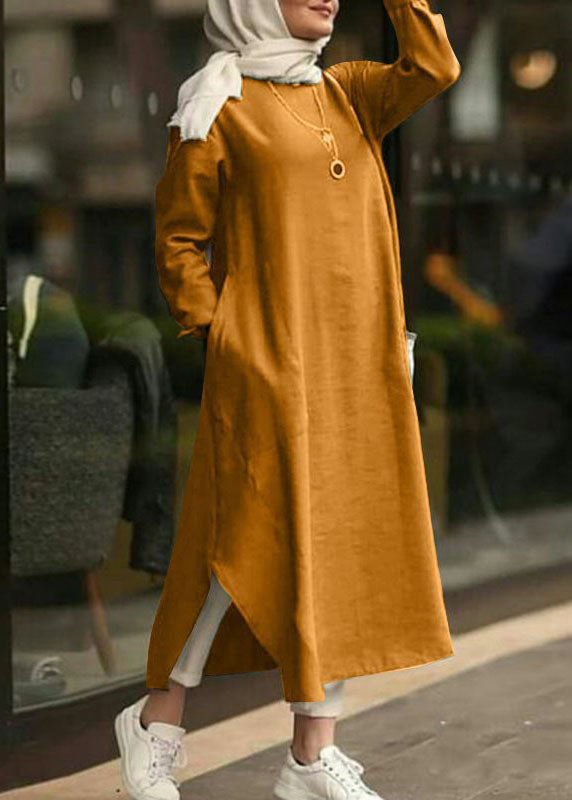 Color O-neck Long Sleeves Splited Robe Kaftan Maxi Dress With Pocket