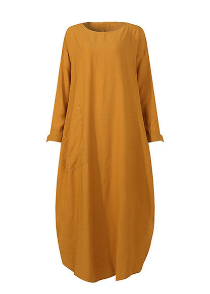 Color O-neck Long Sleeves Splited Robe Kaftan Maxi Dress With Pocket