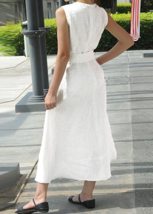 White Flowers Sleeveless V-neck Back Zipper Pocket Dress