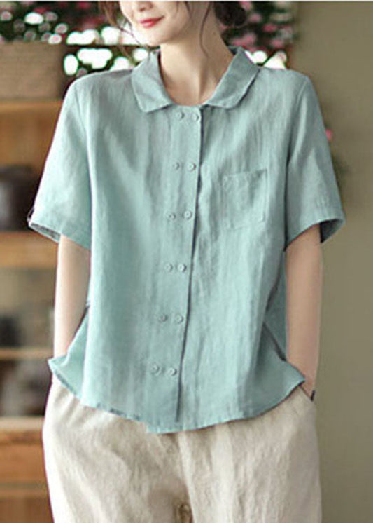 Light Blue Double Breast Linen Shirt Tops Short Sleeve