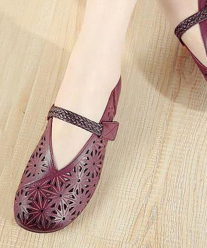 Splicing Buckle Strap Flats Purple Cowhide Leather
