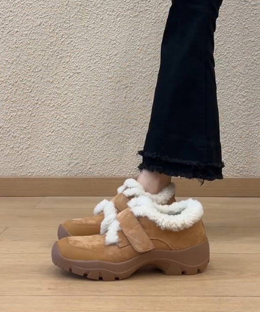 Splicing Platform Loafers Camel Suede Fuzzy Wool Lined