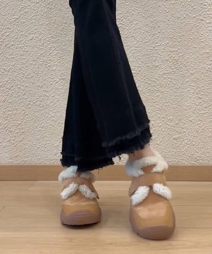 Splicing Platform Loafers Camel Suede Fuzzy Wool Lined
