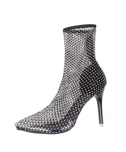Splicing Zircon Stiletto Boots Black Hollow Out Breathable