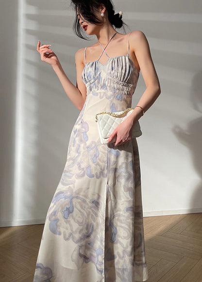 Square Collar Print Chiffon Maxi Dresses Sleeveless