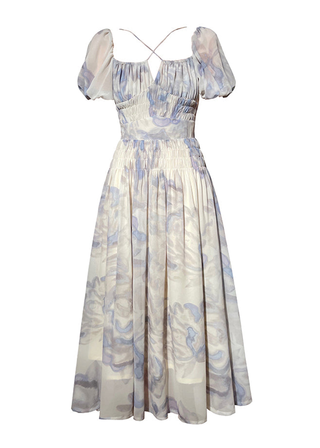 Square Collar Print Chiffon Maxi Dresses Sleeveless