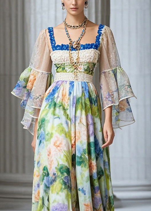 Square Collar Print Chiffon Vacation Dresses Fall