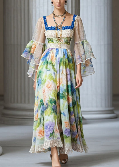 Square Collar Print Chiffon Vacation Dresses Fall