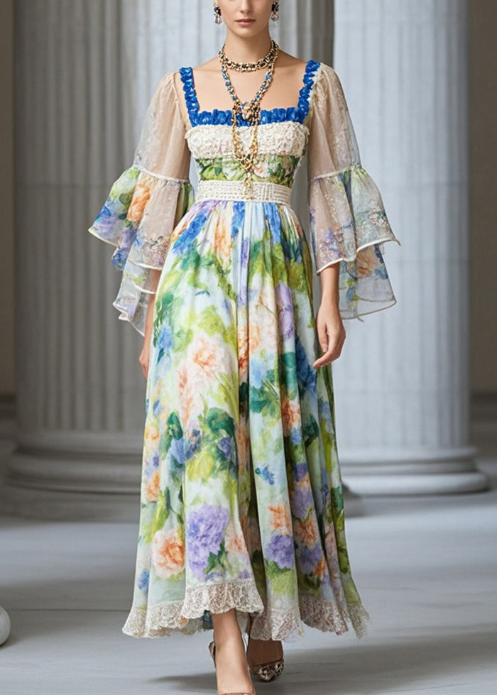 Square Collar Print Chiffon Vacation Dresses Fall