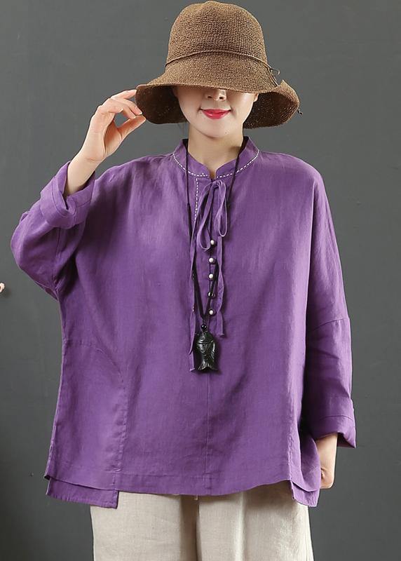 Women Stand Collar Pockets Spring Blouse Work Outfits Purple Blouse
