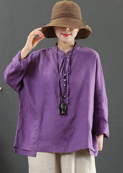 Women Stand Collar Pockets Spring Blouse Work Outfits Purple Blouse