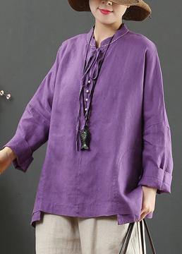 Women Stand Collar Pockets Spring Blouse Work Outfits Purple Blouse