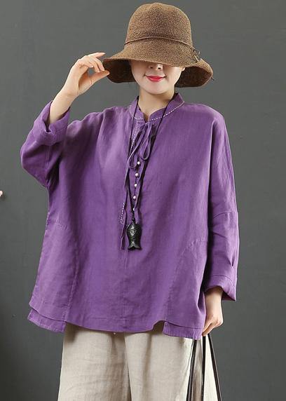 Women Stand Collar Pockets Spring Blouse Work Outfits Purple Blouse
