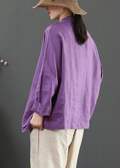 Women Stand Collar Pockets Spring Blouse Work Outfits Purple Blouse