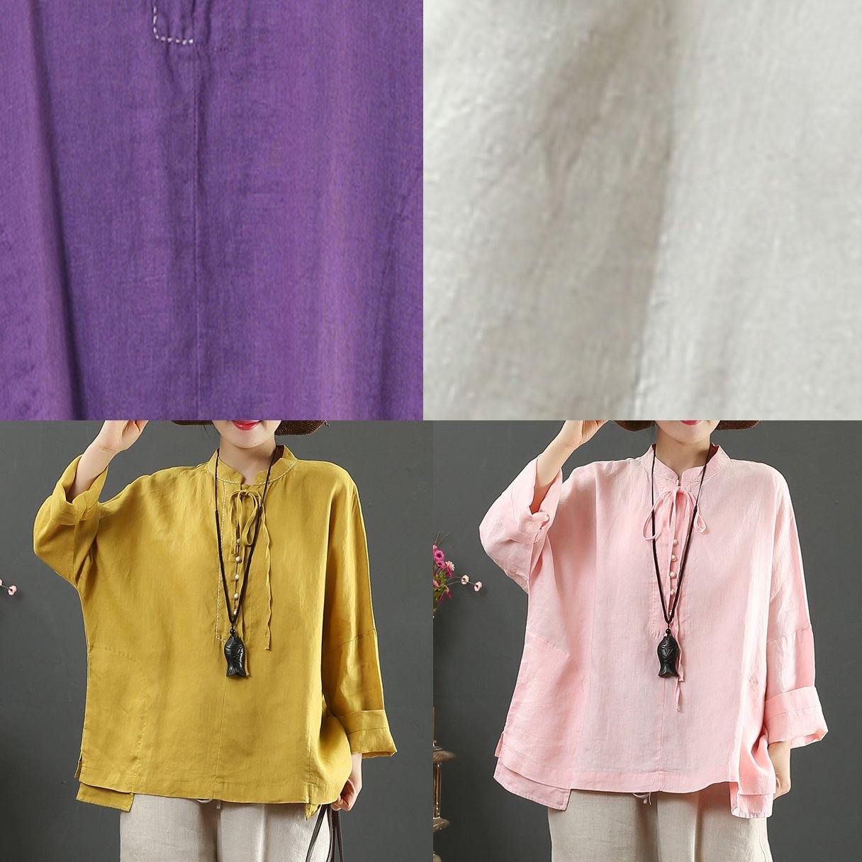 Women Stand Collar Pockets Spring Blouse Work Outfits Purple Blouse