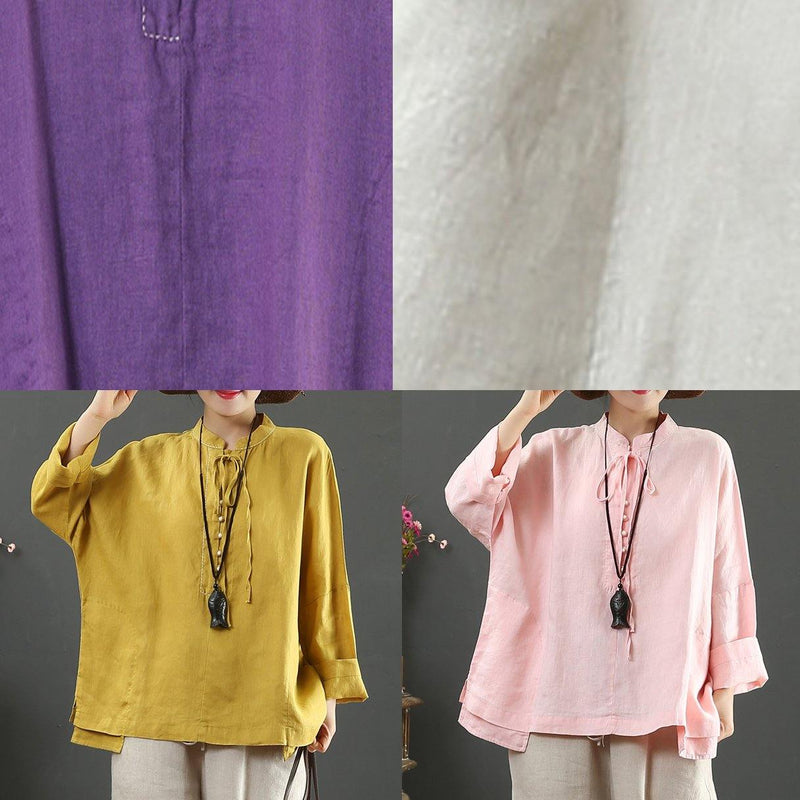 Stand Collar Pockets Spring Blouse Work Outfits Purple Blouse