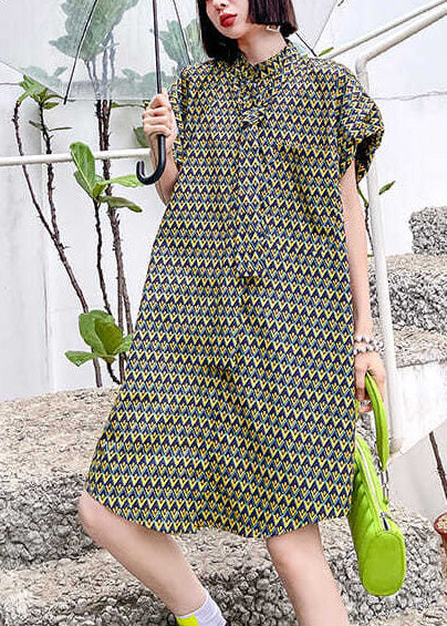 Stand Collar Print Cotton Day Dress Puff Sleeve