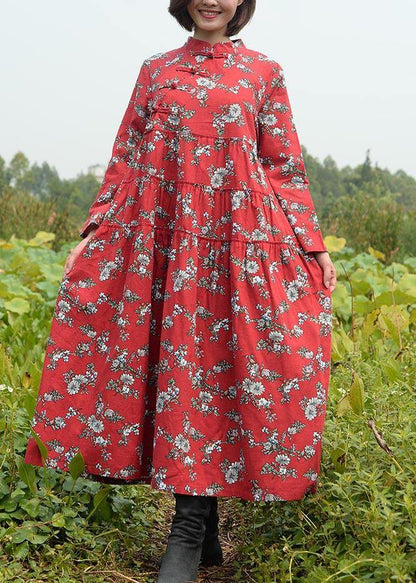 Stand Collar Large Hem Spring Clothes Red Print Long Dresses