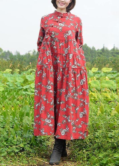 Stand Collar Large Hem Spring Clothes Red Print Long Dresses