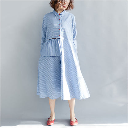 Striped Cotton Linen Dresses New Spring Loose Patchwork Ruffles Turn-down Collar Long Dresses