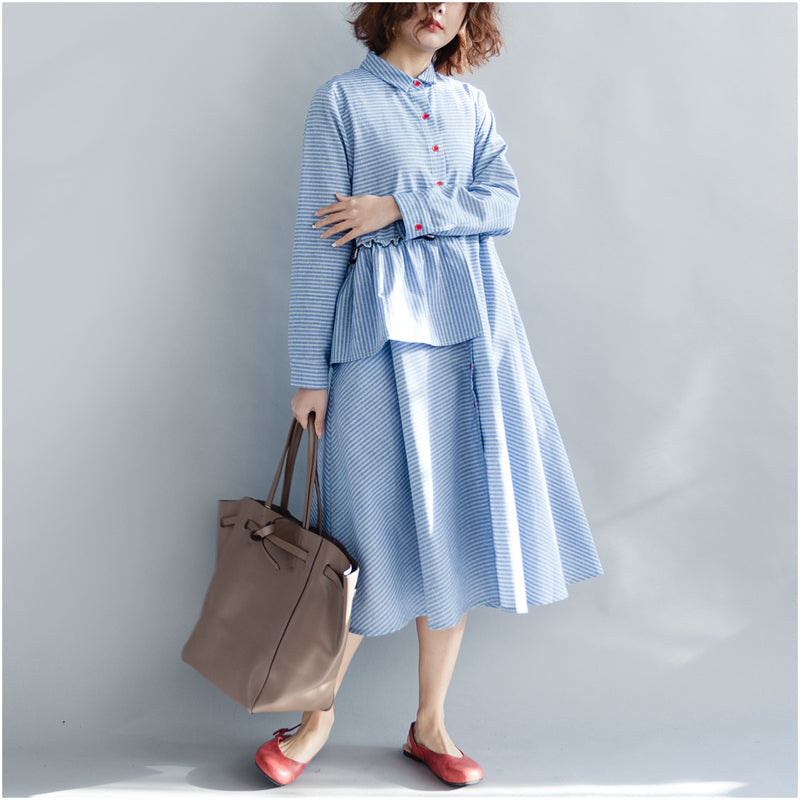 Striped Cotton Linen Dresses New Spring Loose Patchwork Ruffles Turn-down Collar Long Dresses